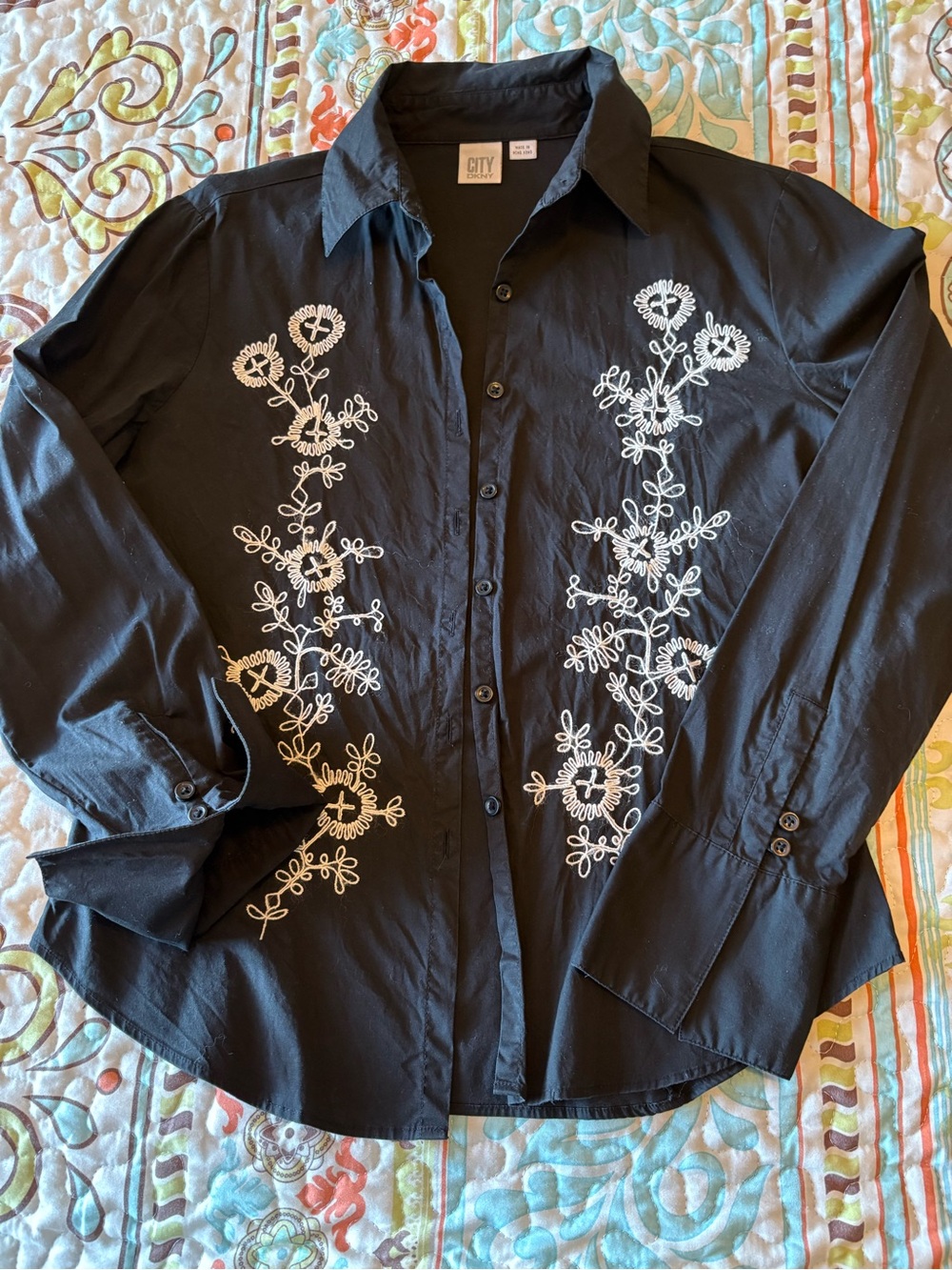 DKNY Black Button-Down Shirt with White Floral Embroidery